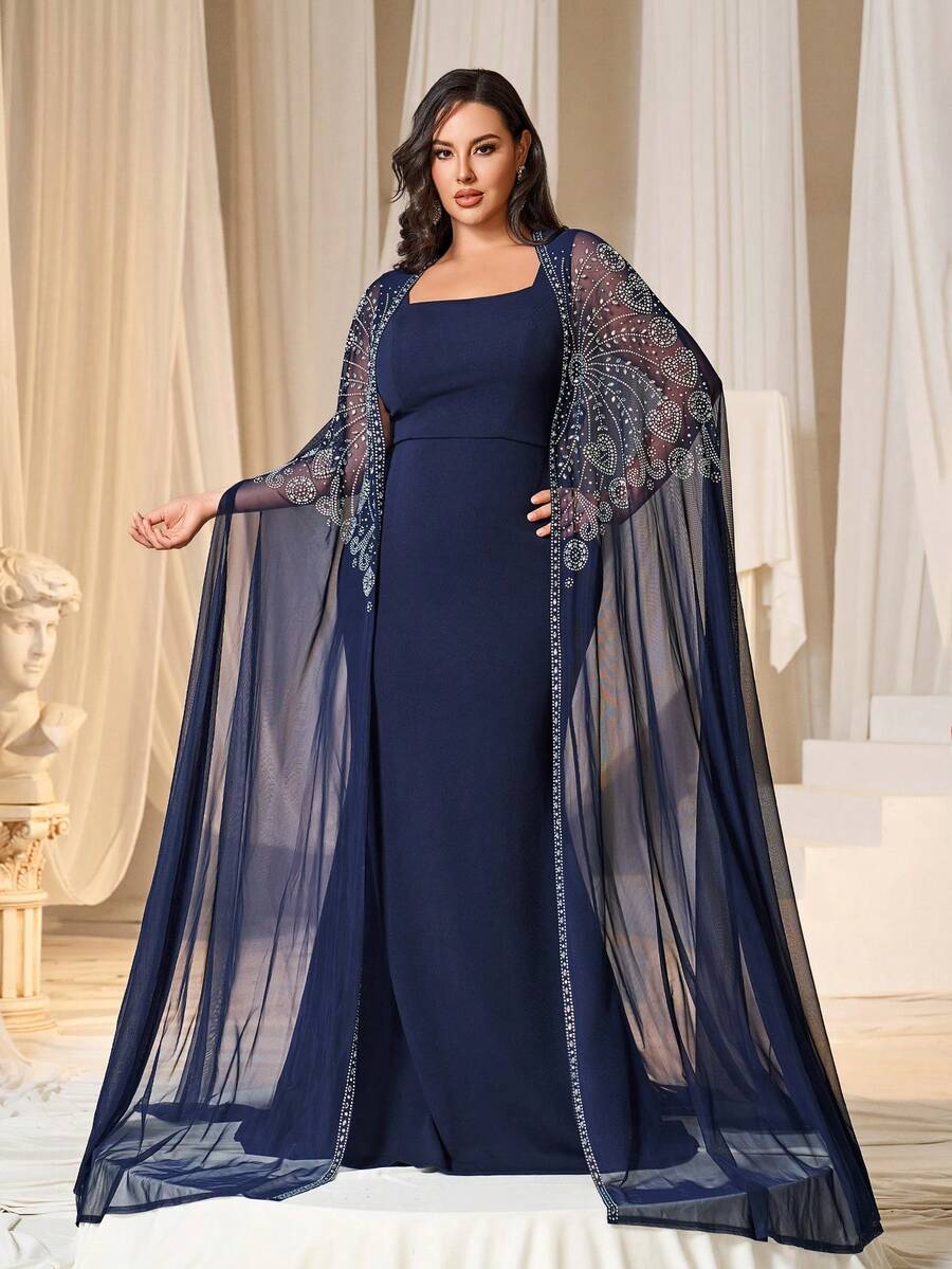 Faeriesty Curve Plus-Size Women's Formal Evening Dress With Heart Neckline, Mermaid Hem & Sequined Cape – Perfect For Wedding Banquets, Charity Galas, Corporate Dinners, Award Ceremonies - Navy Blue - View 1