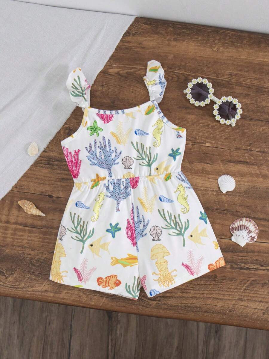 SHEIN Baby Girl Knitted Stretchy Cartoon Pattern Tank Romper, Casual For Summer - Multicolor - View 1