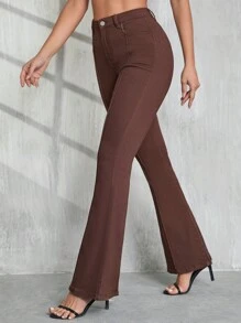SHEIN Tall Women Jeans Brown Skinny Flared Pants Casual Fashion Street Back To School Flare Leggings  Summer Outfits Fall Women Clothes Back To School Outfits Teacher Outfits Halloween - Brown - View 1