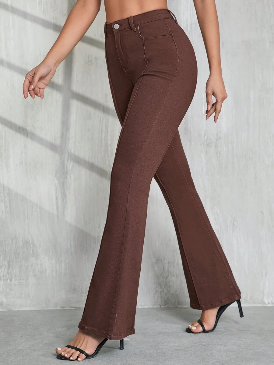 SHEIN Tall Women Jeans Brown Skinny Flared Pants Casual Fashion Street Back To School Flare Leggings  Summer Outfits Fall Women Clothes Back To School Outfits Teacher Outfits Halloween - Brown - View 1
