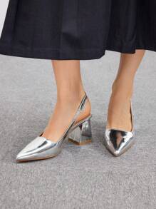 CUCCOO BIZCHIC Women's Fashionable Silver Mirror Pointed Toe Chunky High-Heeled Shoes Spring Shoes Spring Break Easter