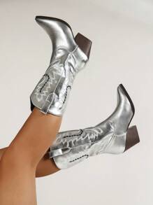 Women's Western Style Embroidered Pointed Toe Chunky,Perfect With Sweater, Heel Knee-High Boots - Silver - View 5