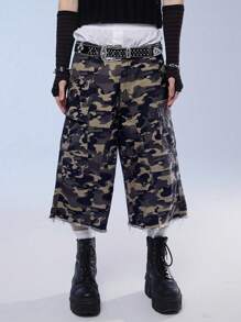 Manfinity Denimwave 男士迷彩印花寬鬆破洞五口袋牛仔短褲，街頭服裝必備 - 軍綠色 - 查看 1
