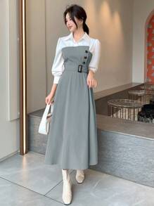 Dazy Star 女式拼色简约长袖休闲衬衫裙，秋季连衣裙