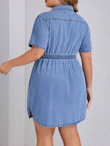 SHEIN Essnce Women's Plus Size Simple Solid Color Short Sleeve Denim Dress For Daily Wear - Light Wash - View 2