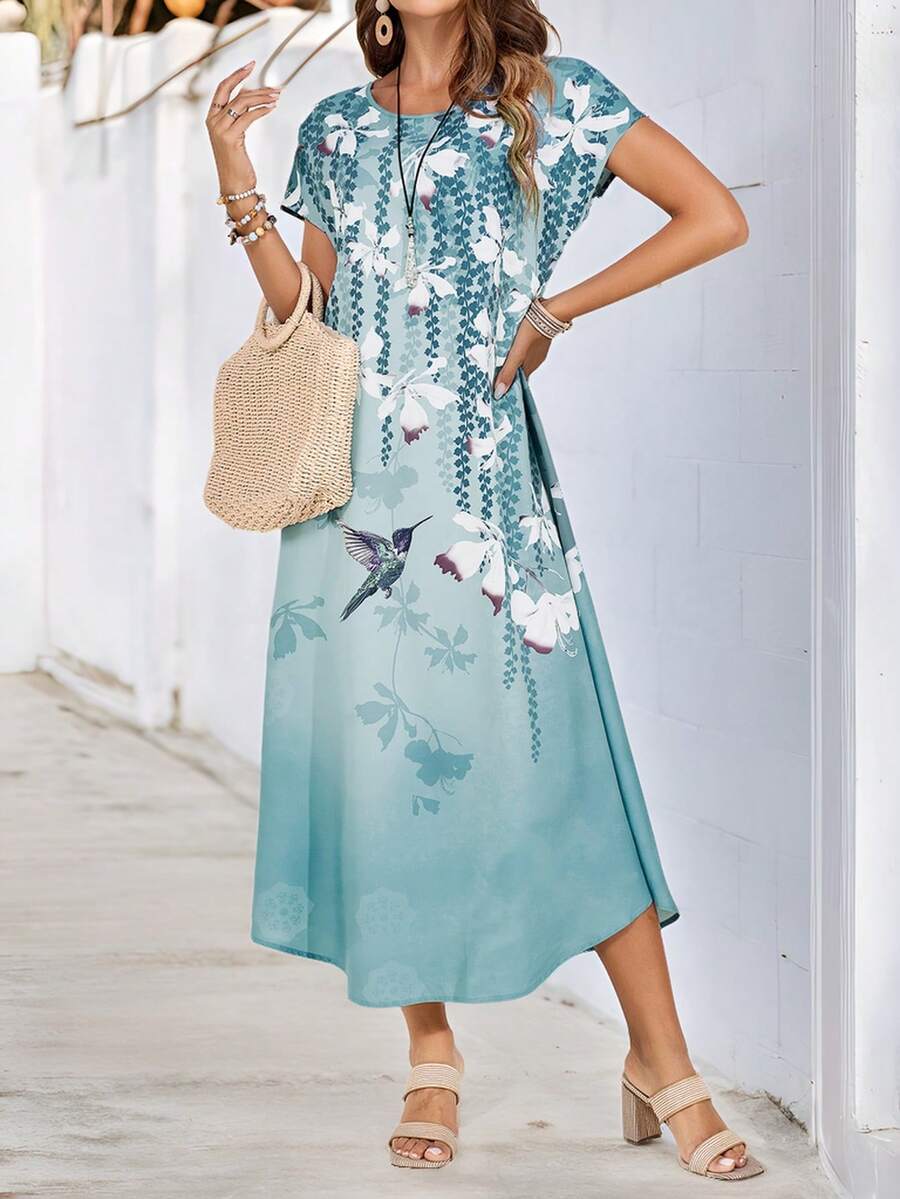 EMERY ROSE Vestido largo de manga corta con estampado floral de verano para mujer con una cintura definida - Multicolor - Ver 1