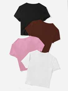 SHEIN EZwear 4入組休閒短袖女士圓領修身T卹，適用於夏季 - 彩色 - 查看 3