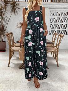 SHEIN LUNE 花卉印花寬腳連身褲，適合渡假和休閒 - 彩色 - 查看 5