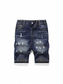 SHEIN Explorewe 男孩破洞深藍牛仔短褲，帶有毛邊的休閒多用途兒童服裝 - 深色水洗藍 - 查看 1