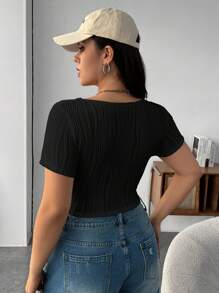 SHEIN EZwear 大码白色针织女式修身 T 恤 - 黑色 - 查看 2