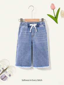 Cozy Pixies 寶寶女孩春夏博霍風束口寬腿牛仔褲，寶寶女孩夏季服裝套裝 - 淺色水洗藍 - 查看 1