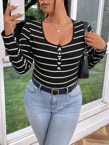 SHEIN Essnce Plus Size Women Buttoned V-Neck Black White Striped Slim Fit Long Sleeve T-Shirt, Casual & Versatile, Daily Wear - Black and White - View 1