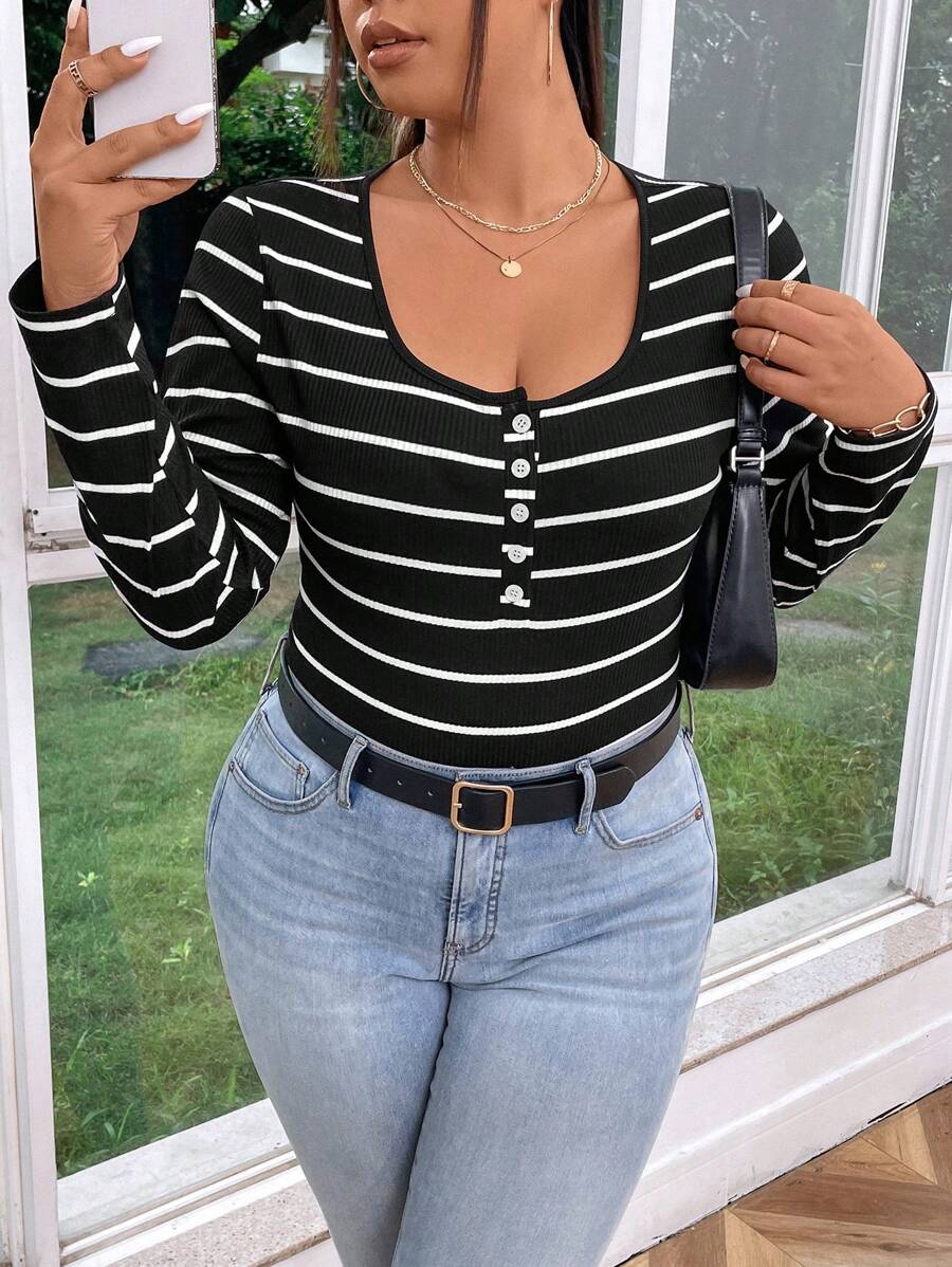 SHEIN Essnce Plus Size Women Buttoned V-Neck Black White Striped Slim Fit Long Sleeve T-Shirt, Casual & Versatile, Daily Wear - Black and White - View 1