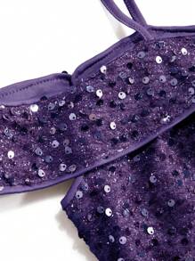 SHEIN Belle Vestido formal con hombros descubiertos, malla de contraste y lentejuelas de contraste - Morado - Ver 4