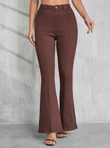 SHEIN Tall Women Jeans Brown Skinny Flared Pants Casual Fashion Street Back To School Flare Leggings  Summer Outfits Fall Women Clothes Back To School Outfits Teacher Outfits Halloween - Brown - View 4