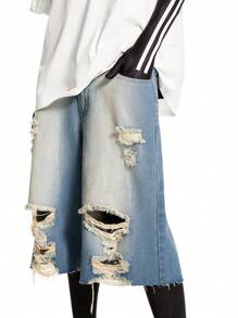 Manfinity EMRG Men's Light Blue Distressed Washed Denim Jorts, Vintage Loose Fit Shorts - Medium Wash - View 6