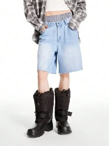 Manfinity Roghcode Pantalones cortos vaqueros sueltos y casuales de lino azul claro para hombre