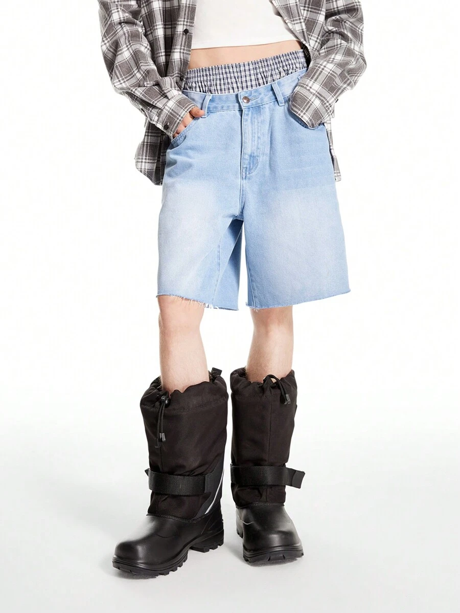 Manfinity Roghcode Pantalones cortos vaqueros sueltos y casuales de lino azul claro para hombre