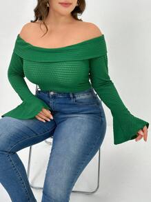 Mulvari Plus Size Nữ Xuân/Hè Màu Trơn Trễ Vai Áo Phông Slim Fit Có Tay Chuông - màu xanh lá - Xem 3