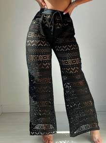 SHEIN Swim Summer Beach Hollow Out Knitted Loose Cover-Up Pants - Black - View 5