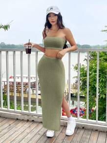 SHEIN EZwear Conjunto de top tubo sólido y falda con abertura en el muslo para moda de verano - Verde militar - Ver 5
