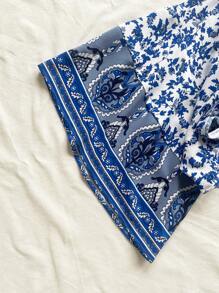 Soleia WYWH女士休閒度假碎花拼接荷葉邊打結上衣，配鈴鐺袖