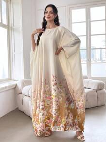 Yasmyna Váy Kaftan tay cánh dơi in hoa, váy Ả Rập dài tay giản dị - Màu be - Xem 7