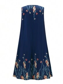 Plus Floral Print Sleeveless Dress & Open Front Coat For Summer - Navy Blue - View 7