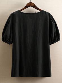 SHEIN LUNE 夏季植物刺繡泡泡袖襯衫加大號 - 黑色 - 查看 2