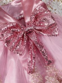 2pcs Champagne Newborn Photography Clothing Set, Baby Girls' Princess Embroidered Mesh Dress, Bowknot Lace Princess Skirt For Photo Shoot - Dusty Pink - View 4