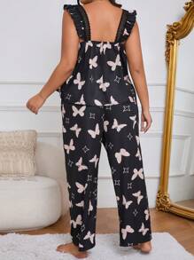 Große Größen- Pyjama Set mit Schmetterling Muster, Quadratisch-Ausschnitt und Spitzenverzierung