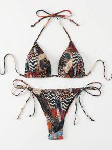 SHEIN Swim 2025 女士海滩度假斑马纹露背系带性感比基尼套装，随机印花夏季 - 彩色 - 查看 3