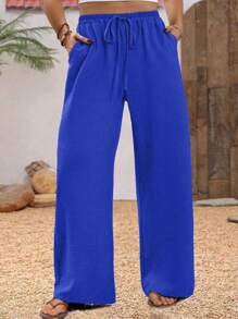 EMERY ROSE Pantalones anchos de talle alto con nudo sólido, cintura elástica, bolsillo en diagonal y tamaño extra grande - azul real - Ver 1