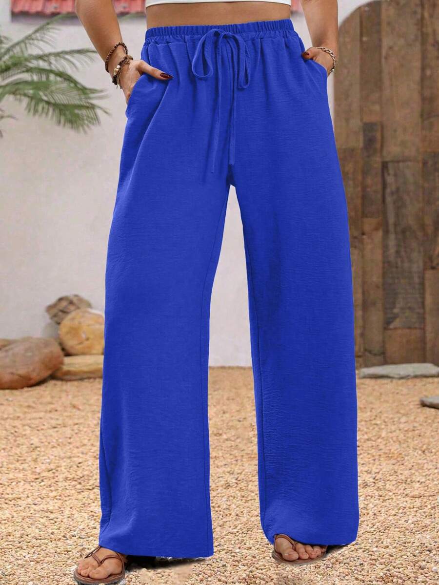 EMERY ROSE Pantalones anchos de talle alto con nudo sólido, cintura elástica, bolsillo en diagonal y tamaño extra grande - azul real - Ver 1