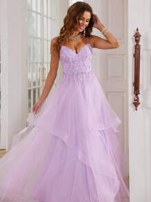 Luxury Lace Prom Dresses Long With Puffy Hem 3D Flower Rhinestone, Spaghetti Strap Tulle Ball Gown Hand Beading V Neck Formal Evening Gowns Lace Up Back Homecoming Dresses Elegant Wedding Guest Dress, For Graduation, Dinner Party Dress, For Valentine's Day - Lilac Purple - View 6