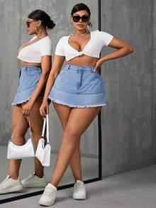 SHEIN SXY Váy Denim Plus Size Không Co Giãn, Thời Trang Và Gợi Cảm - Màu xanh lam - Xem 4