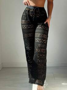 SHEIN Swim Summer Beach Hollow Out Knitted Loose Cover-Up Pants - Black - View 2