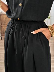 Calvaya Summer Casual Linen Black Jumpsuit With Elastic Waist And Wide-Leg Pants - Black - View 5