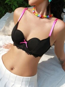 Women's Color-Block Lace Splice Bra With Bow Decoration And Underwire, 1pc