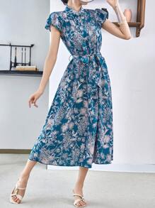 Modelyn 1 件植物图案前扣旗袍、旗袍/改良现代旗袍中式连衣裙 - 藍色 - 查看 6