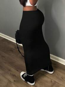 EARO Style européen et américain Ins Femmes Couleur unie Sexy moulant Maxi Jupe, Nouvelles arrivées Printemps/Automne, Bombe américaine Mode décontractée quotidienne Élégante Taille haute Taille élastique Jupe Ligne A Ajustée Slim