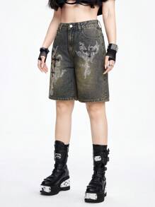 ROMWE Grunge Punk 女士時尚印花休閒牛仔短褲