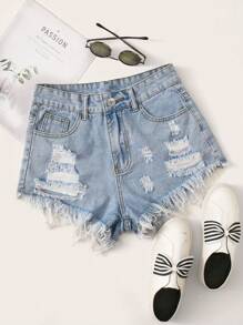 SHEIN Tall Ladies' Frayed Hem Distressed Denim Shorts With Pockets, Washed - Light Wash - View 1