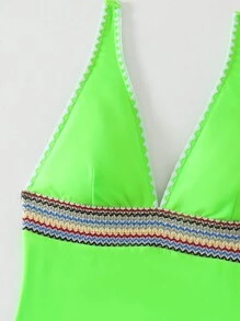 SHEIN Swim 夏季海灘V領編織條紋和印花性感連體泳衣 - 綠色 - 查看 3