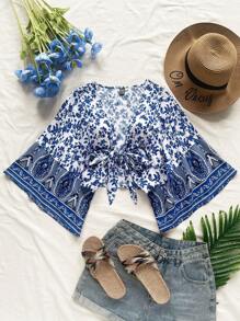 Soleia WYWH女士休閒度假碎花拼接荷葉邊打結上衣，配鈴鐺袖