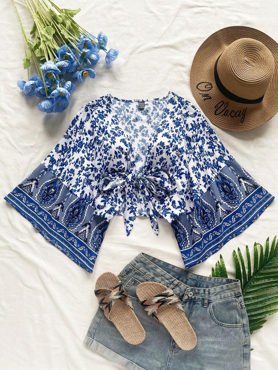 Soleia WYWH女士休閒度假碎花拼接荷葉邊打結上衣，配鈴鐺袖