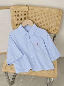 Flirla Bowknot Embroidered Blue Striped Women's Dropped Shoulder Short Sleeve Shirt, Cropped,Short Sleeve Tops