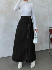 EURMUSE Women's Solid Color Cross Wrap Casual Denim Skirt For Summer - Black - View 6