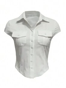 INAWLY 女款夏季休閒實色短袖上衣 - 白色 - 查看 5