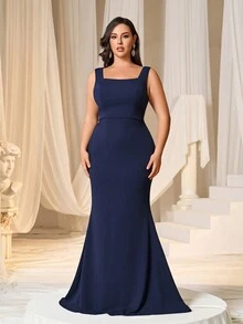 Faeriesty Curve Plus-Size Women's Formal Evening Dress With Heart Neckline, Mermaid Hem & Sequined Cape – Perfect For Wedding Banquets, Charity Galas, Corporate Dinners, Award Ceremonies - Navy Blue - View 5